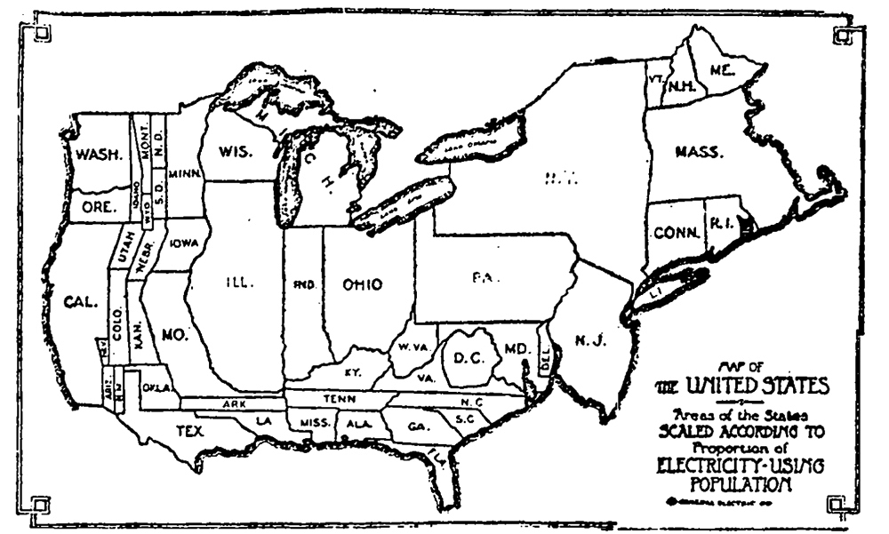 1921 map scaling states by the proportion of the population with electricity service